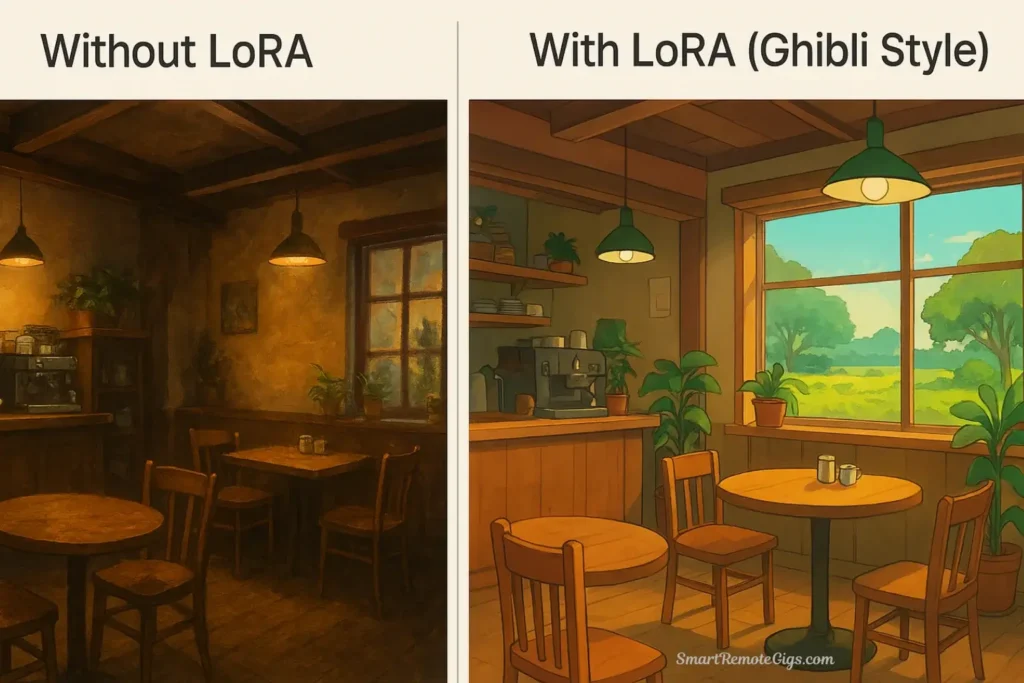 A side-by-side comparison showing an image generated without a LoRA versus the same prompt with a Studio Ghibli style LoRA applied.