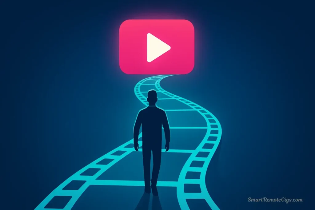 An aspirational illustration of a person stepping onto a pathway made of video film strips that leads towards a glowing 'Play' button icon on the horizon, symbolizing the start of their video career.