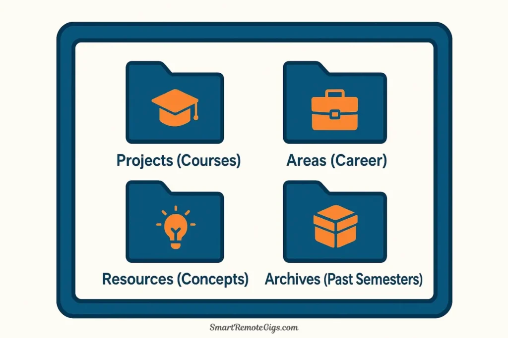 Vector illustration of the P.A.R.A. method applied to academics, with folders for Courses, Academic Career, and Study Concepts.