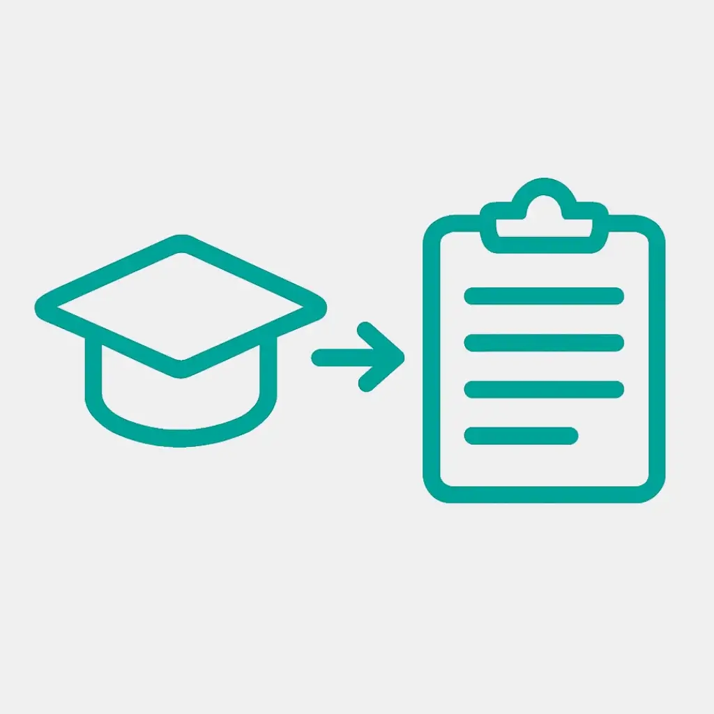Icon for step 1 of a student's study plan: a graduation cap pointing to a long list of tasks.