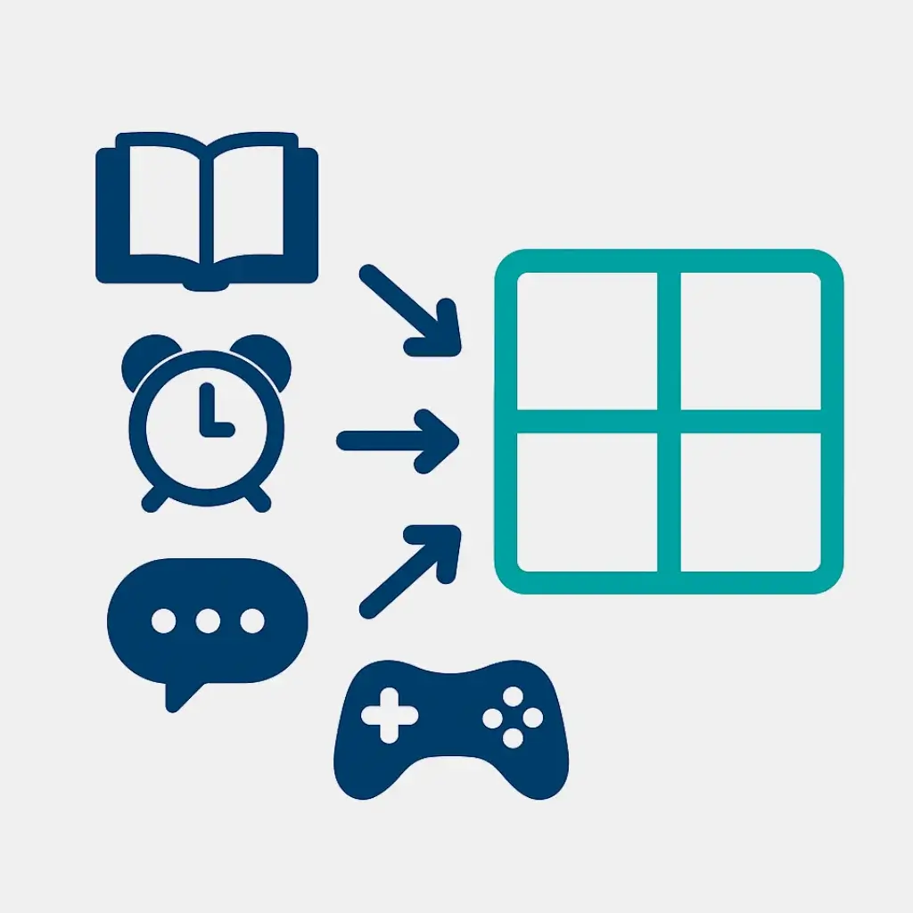 Icon for step 2 of a student's study plan: sorting tasks like textbooks and exams into the four quadrants.