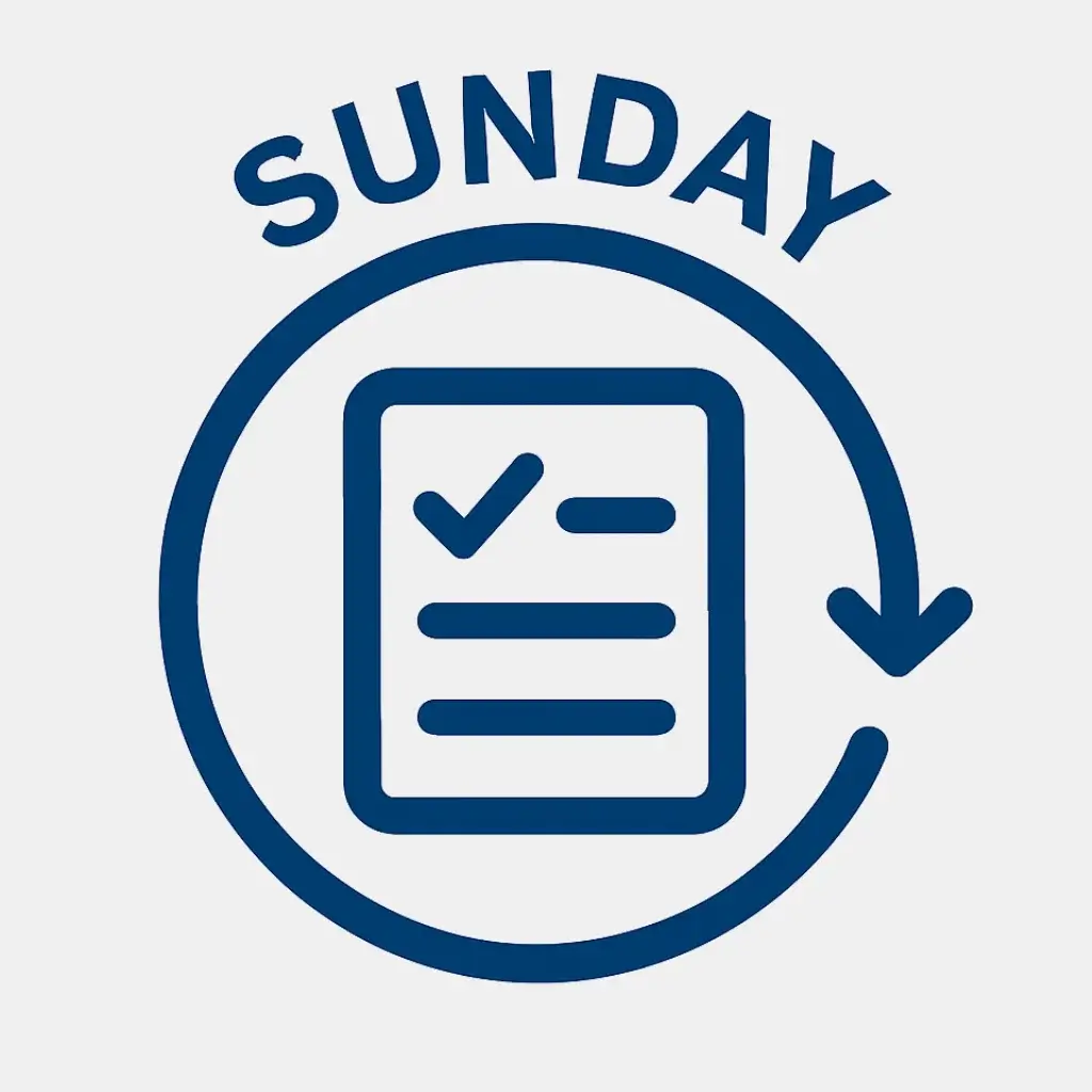 Icon for step 4 of a student's study plan: a circular arrow labeled 'Sunday' around a checklist, symbolizing a weekly review.