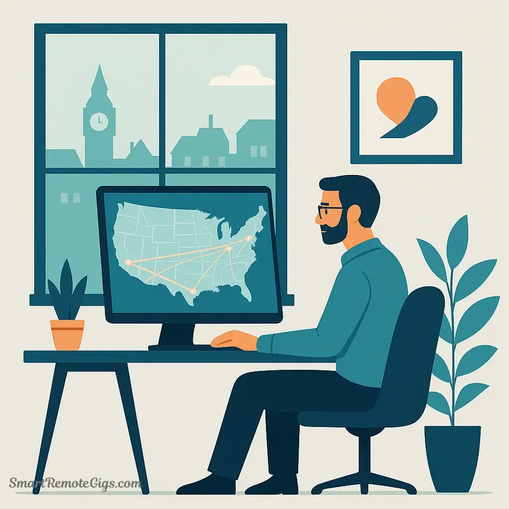 An illustration of a person in the UK working at their desk, with glowing lines connecting their computer to a map of the US, representing successfully finding and working in a remote US job.