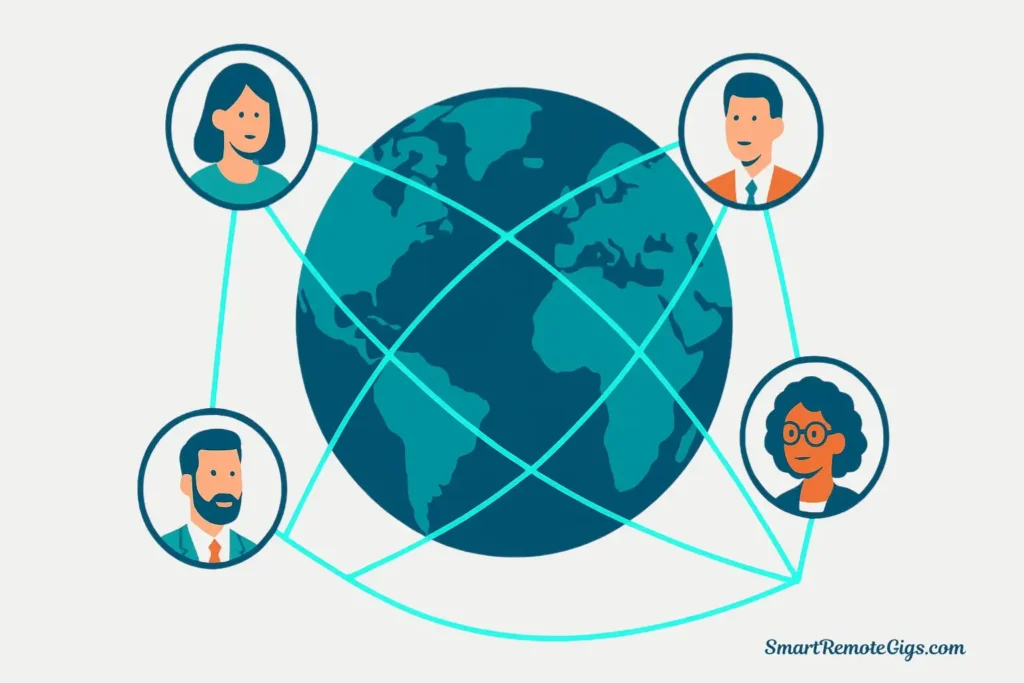 An illustration of a successful global remote team collaborating effectively across different continents.