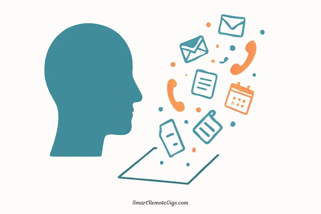 A vector illustration of a brain dump, showing various task icons flowing out of a stylized head onto a blank document, representing the first step of task batching.