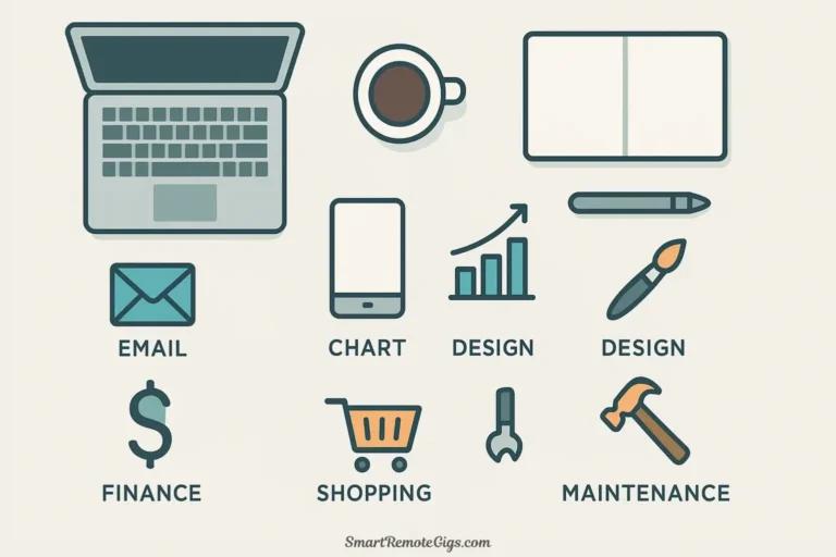 A top-down vector illustration showing various work and life task icons being neatly sorted into organized, labeled categories on a clean workspace.