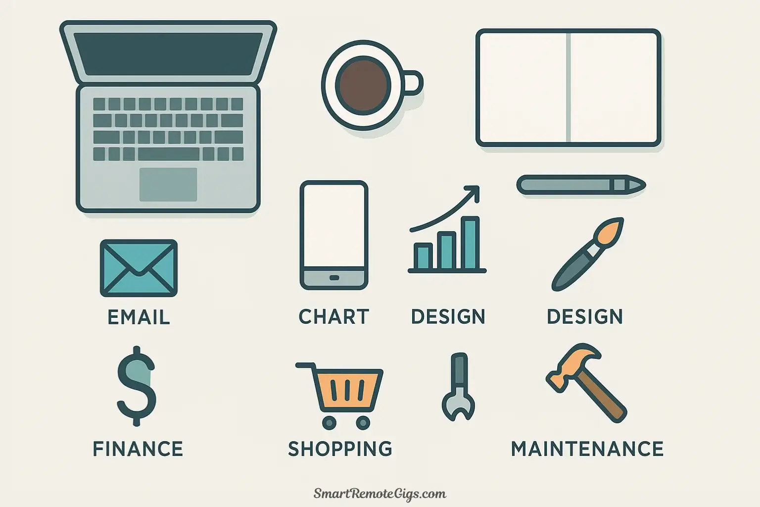 A top-down vector illustration showing various work and life task icons being neatly sorted into organized, labeled categories on a clean workspace.