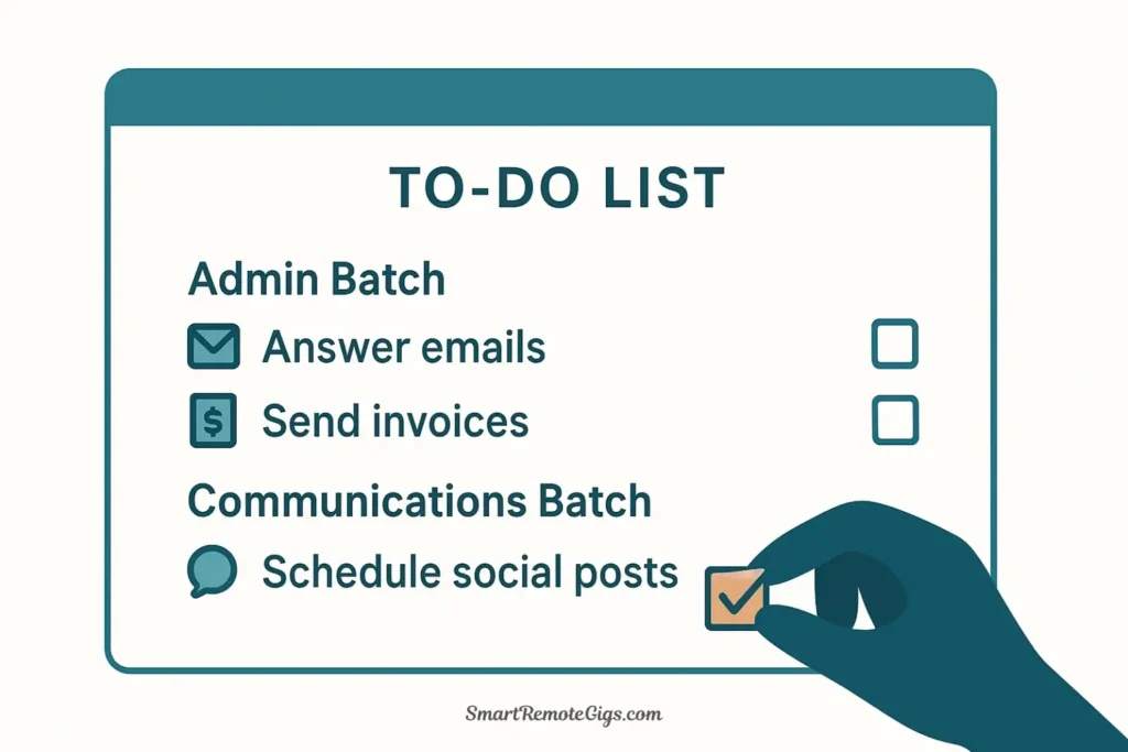 An example of a task batching list in a to-do app, showing similar tasks like "Answer emails" and "Send invoices" grouped under a single "Admin Batch" heading.