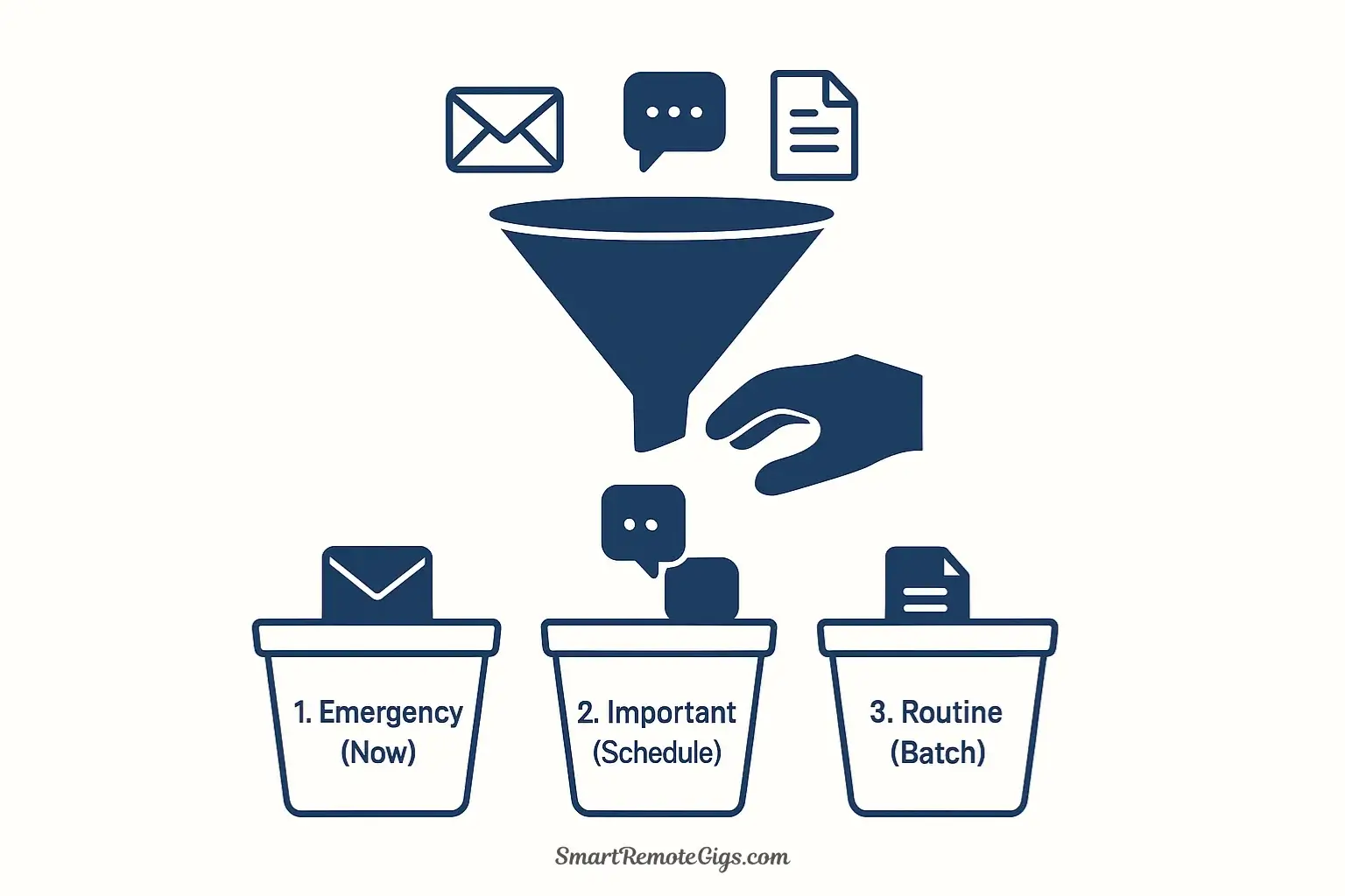 A vector illustration of a triage system, with a hand sorting incoming task icons into three labeled bins: 'Handle Now,' 'Schedule Later,' and 'Batch Process.'