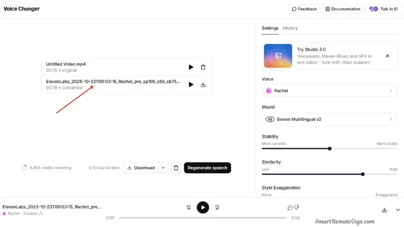 A screenshot of the ElevenLabs Speech Synthesis editor, with a red box highlighting the dropdown menu where the new custom voice clone is selected.