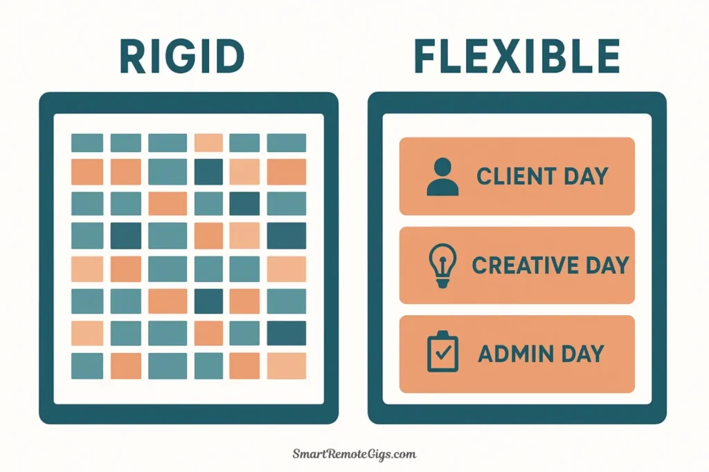 A vector illustration comparing two calendars: one with rigid, tiny hourly blocks and one with large, single-theme blocks for each day like 'Client Day' and 'Creative Day'.