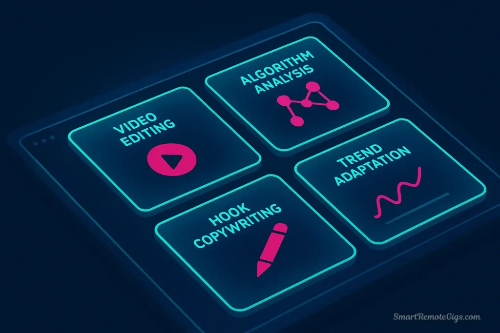 A modern digital dashboard displaying the key skills for a TikTok specialist, with modules for video editing, algorithm analysis, copywriting, and trend adaptation.