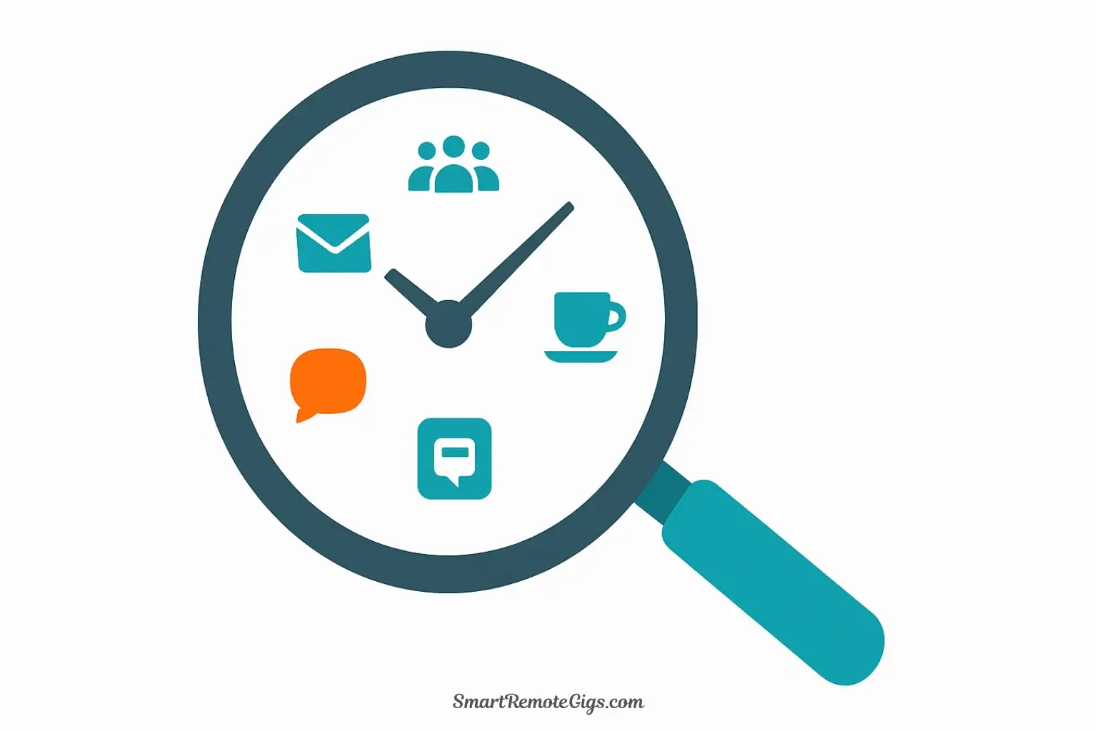 A vector illustration representing a time audit, showing a magnifying glass examining a clock face that has task icons like email and meetings instead of numbers.