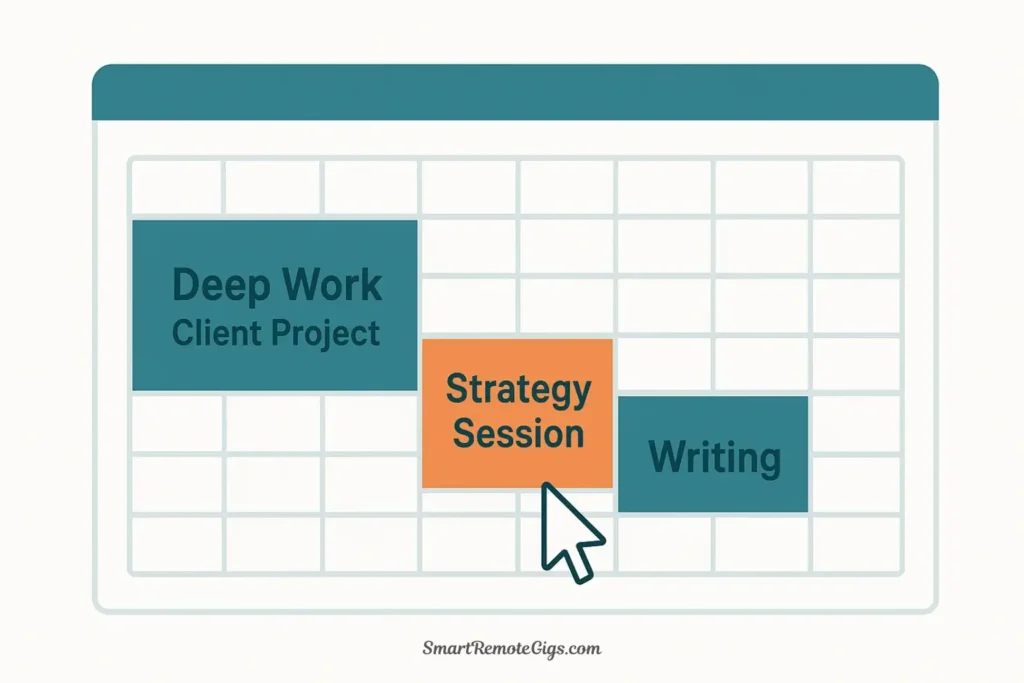 An example of a time-blocked calendar, showing large, colored blocks for "Deep Work" and "Strategy Session" to protect dedicated focus time for important tasks.