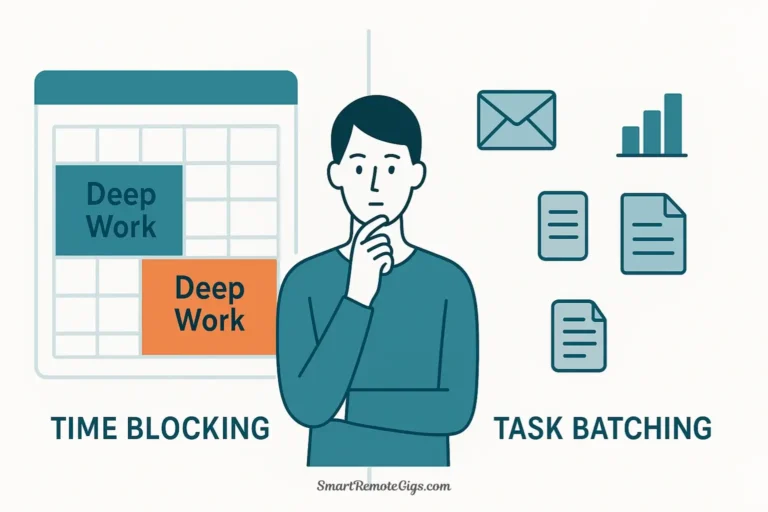 A vector illustration comparing time blocking, represented by a structured calendar, and task batching, represented by grouped tasks, with a freelancer choosing a hybrid approach.