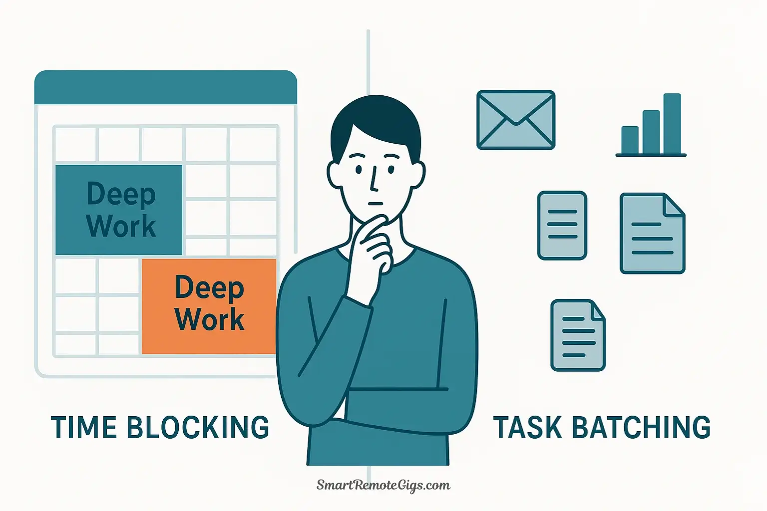 A vector illustration comparing time blocking, represented by a structured calendar, and task batching, represented by grouped tasks, with a freelancer choosing a hybrid approach.
