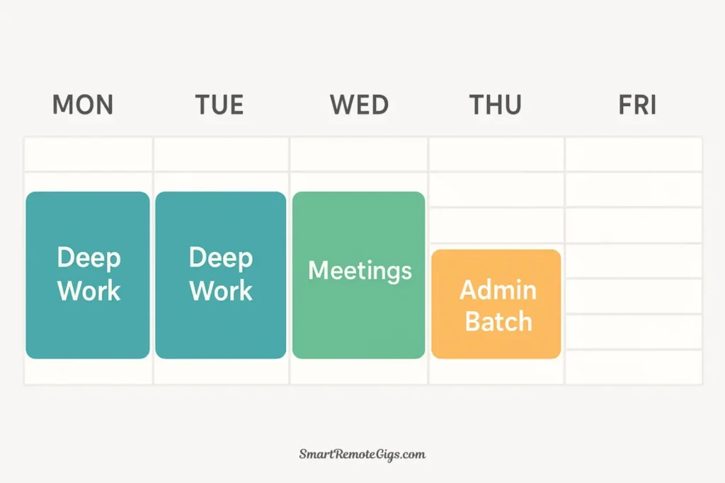 A vector illustration of a fully time-blocked weekly calendar, showing different days with large, color-coded blocks for 'Deep Work,' 'Meetings,' and 'Admin Tasks'.