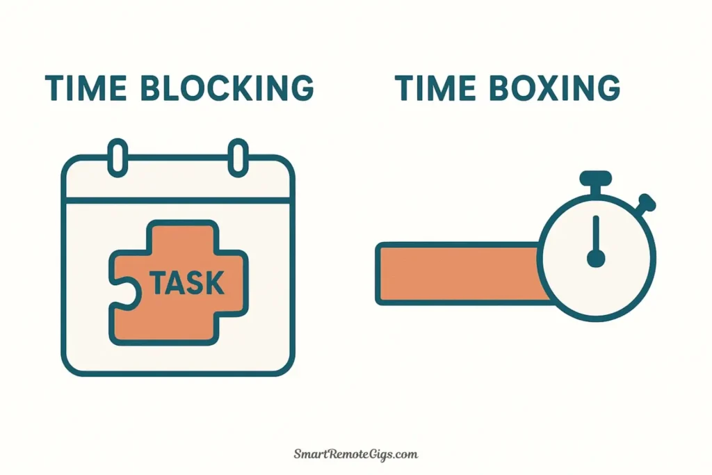 A split-screen vector illustration comparing time blocking (a task fitting into a block) and time boxing (a task being cut off by a hard time limit).