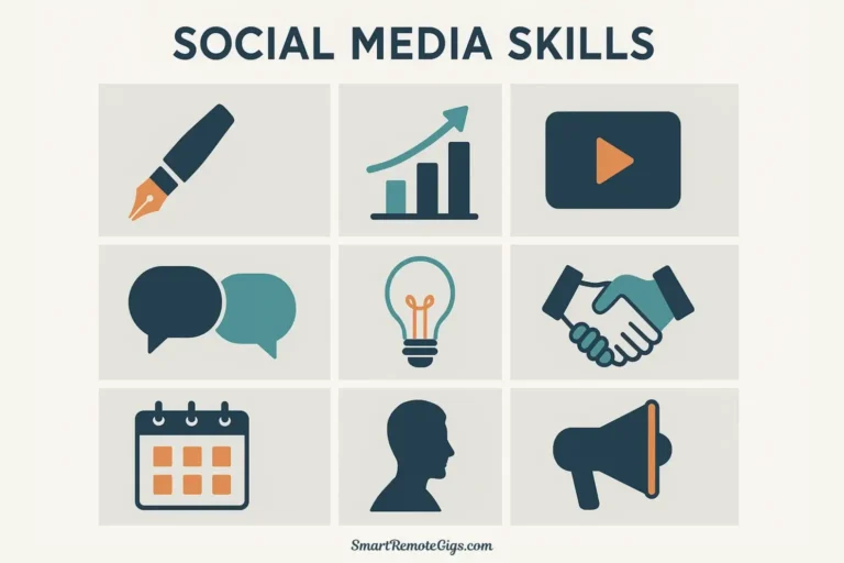 An infographic-style layout showing the top 10 essential social media manager skills, with icons for copywriting, analytics, creativity, and communication arranged in a professional grid.