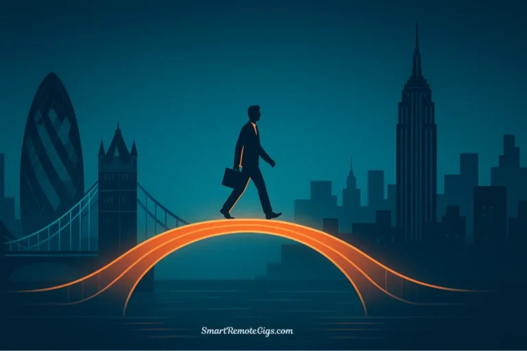 An illustration of a digital bridge made of light connecting a London landmark to a New York City landmark, with a person walking across it, symbolizing a UK professional getting a remote US job.