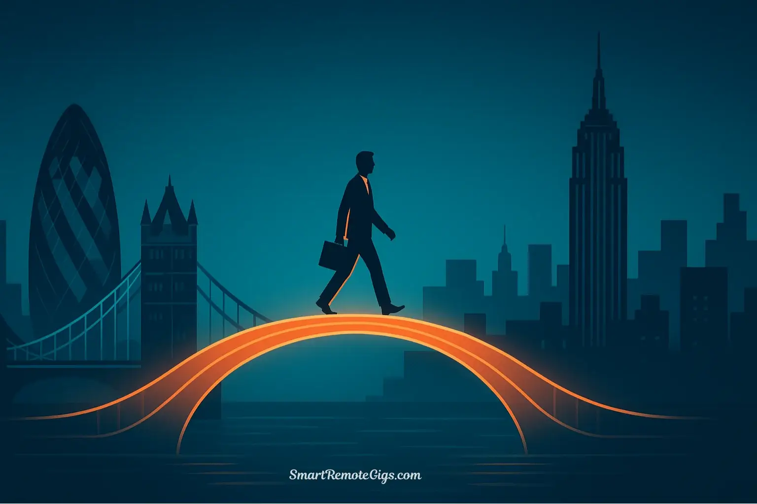 An illustration of a digital bridge made of light connecting a London landmark to a New York City landmark, with a person walking across it, symbolizing a UK professional getting a remote US job.