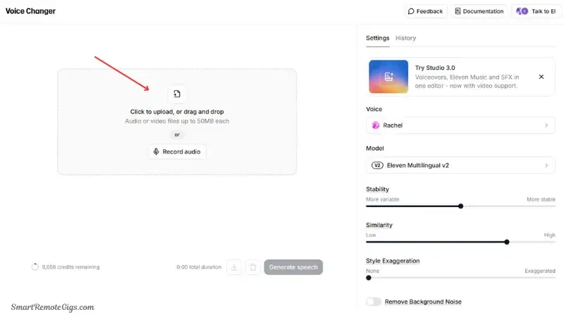 A screenshot of the audio upload interface for voice cloning, showing the button to select an audio file.