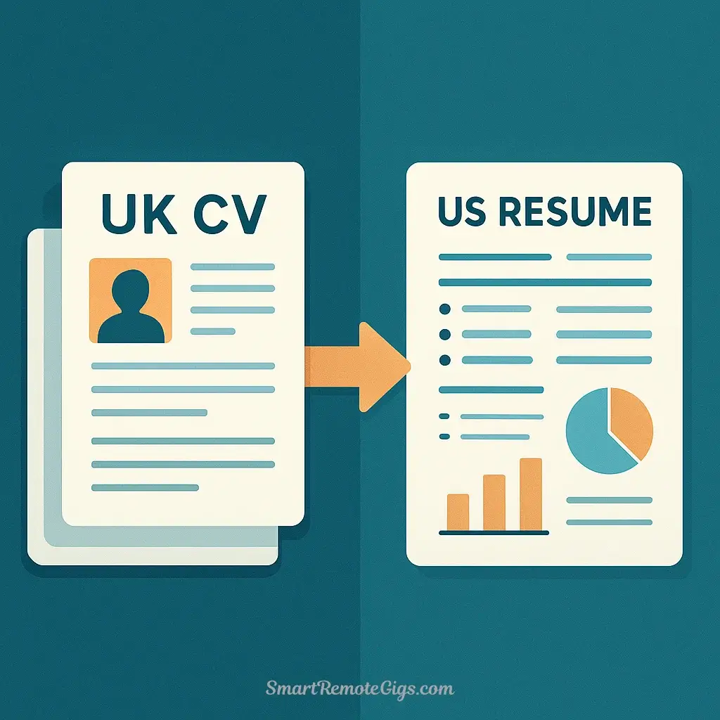 A side-by-side comparison of a UK CV with a photo and a US resume without a photo, being tailored for the US job market, symbolizing application adaptation.