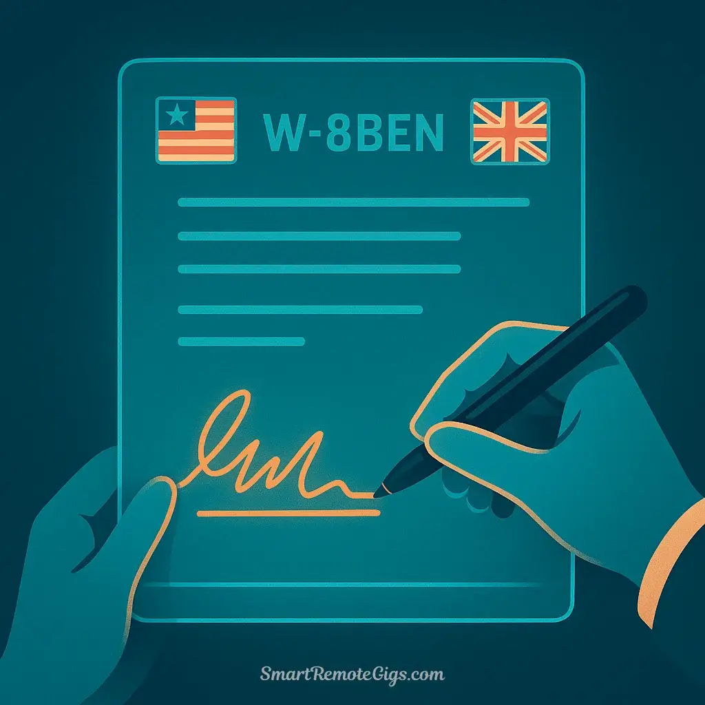 An illustration of a person in the UK signing a digital contract on a screen, with a US flag icon on one side and a UK flag icon on the other, representing an international contractor agreement.