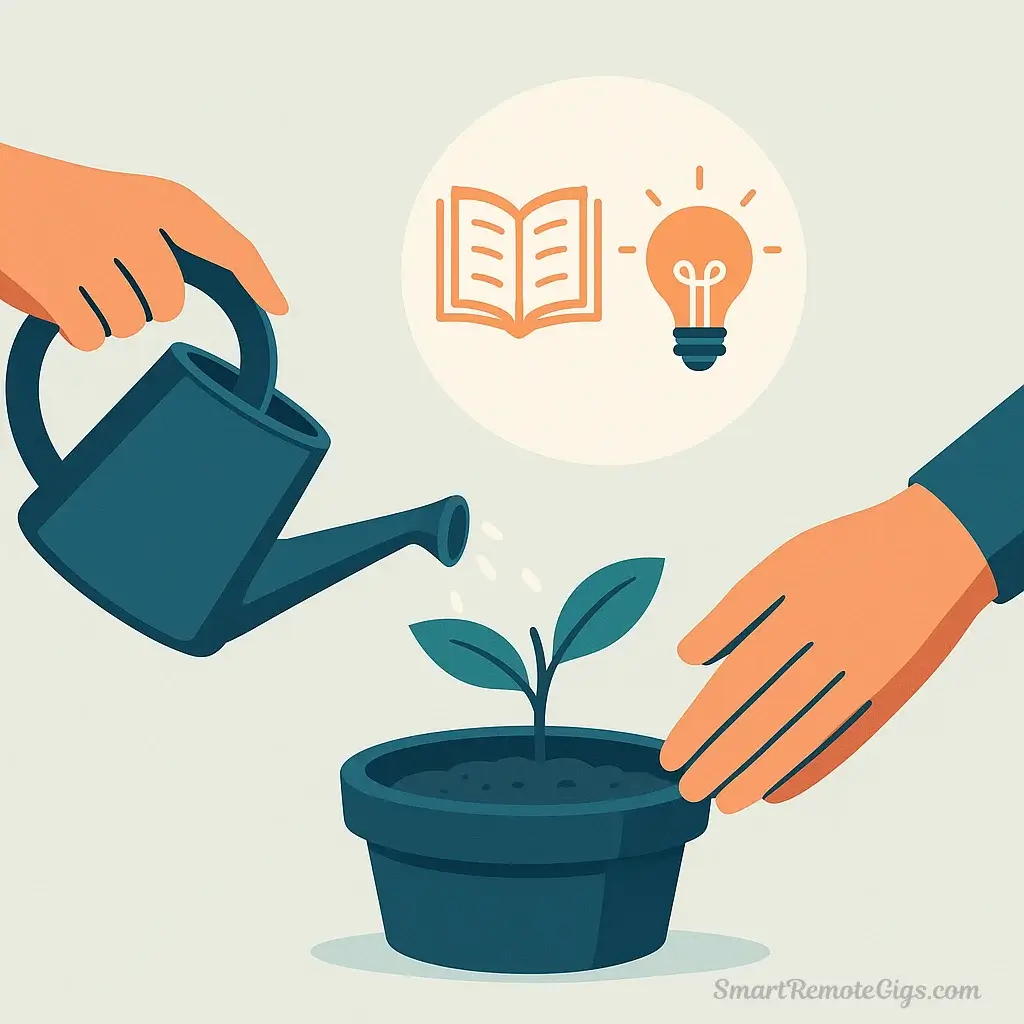 An illustration of a person watering a small seedling in a pot, with glowing icons for learning and social media platforms above it, symbolizing the foundational skill-building of Week 1.