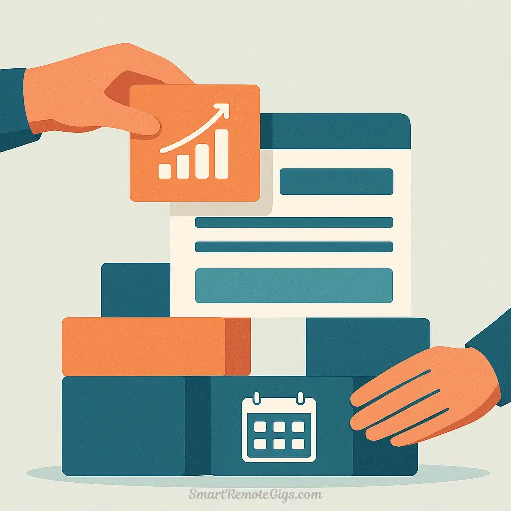 An illustration of a person assembling building blocks to create a professional portfolio, with blocks representing a brand audit and a content calendar, symbolizing the work of Week 2.
