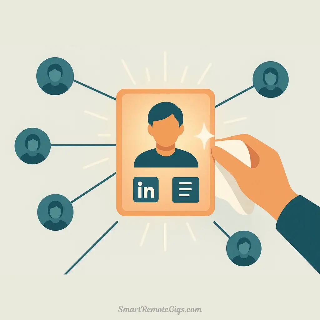 An illustration of a personal profile card being polished, with icons for LinkedIn and a resume, and glowing lines connecting to other profiles, representing the optimization and networking of Week 3.