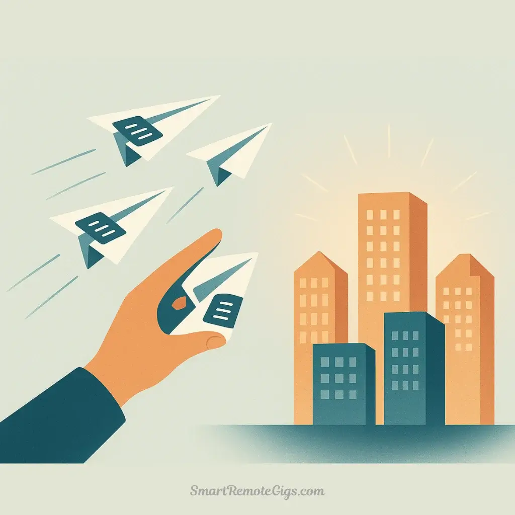 An illustration of a hand launching several paper airplanes, each representing a job application, towards different company logos, symbolizing the strategic application blitz of Week 4.