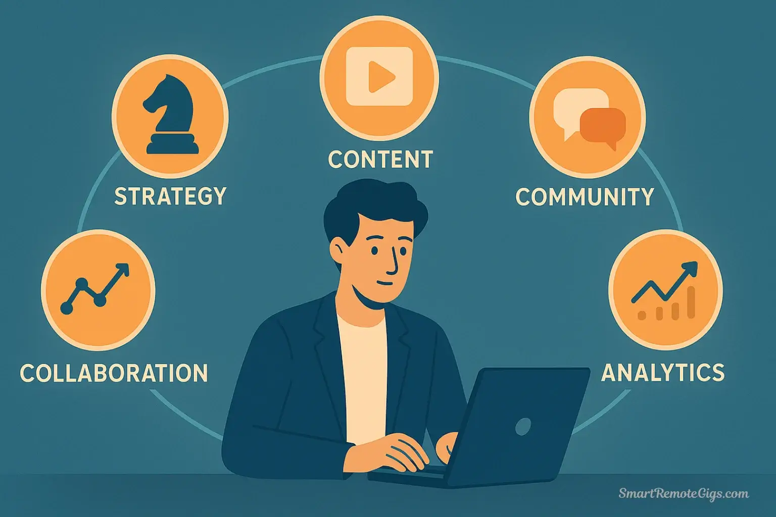 A central illustration of a remote social media manager surrounded by five glowing icons, each representing a core pillar of their job: Strategy, Content, Community, Analytics, and Collaboration.