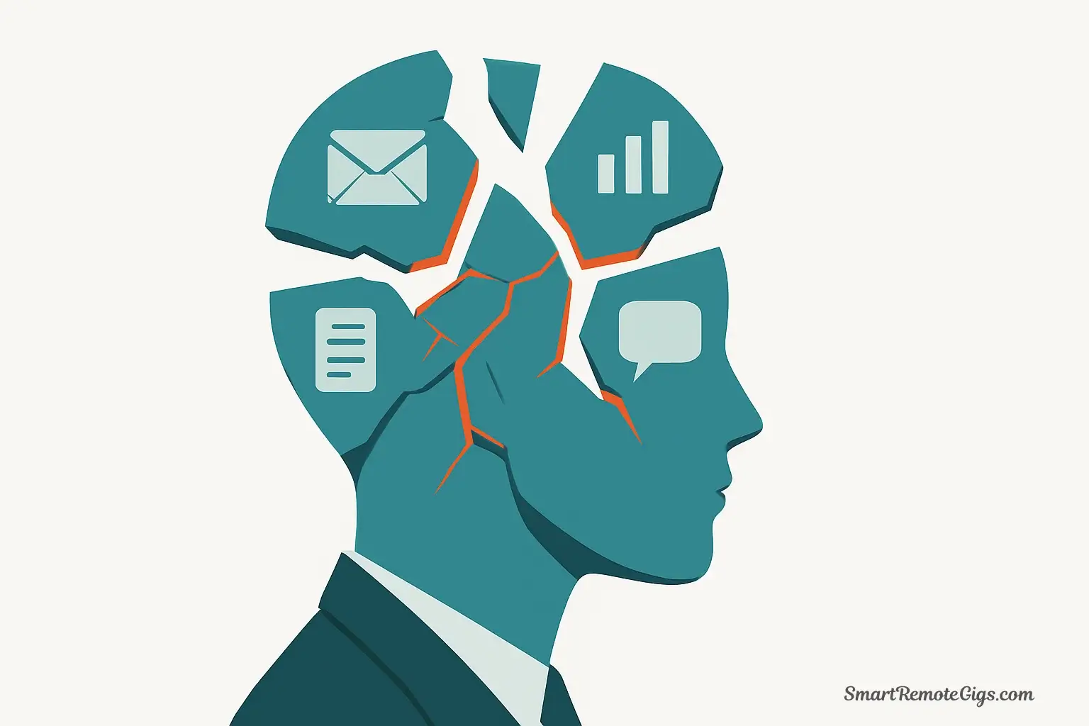 A vector illustration of a professional's head shattering into multiple pieces, each piece containing a different task icon, symbolizing the cost of context switching.