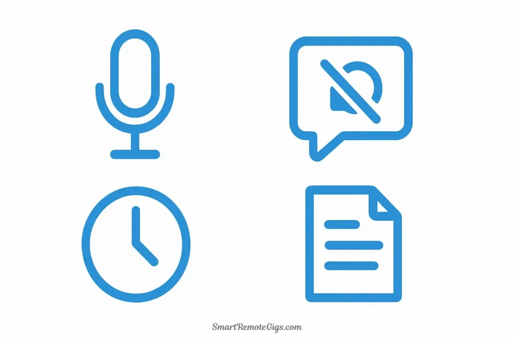 A grid of simple icons showing a microphone, a quiet room, a clock, and a script, representing the items needed for AI voice cloning.