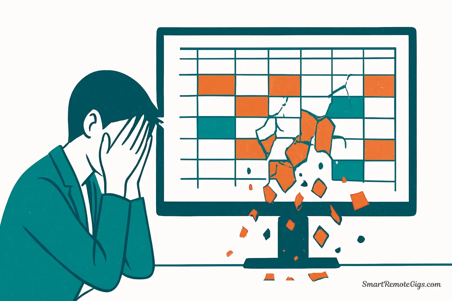 A vector illustration of a frustrated professional looking at a digital calendar where the time blocks are crumbling and falling apart, symbolizing a failed schedule.
