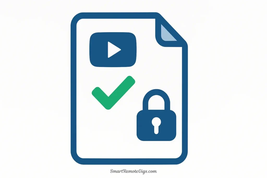 An illustration of a document with the YouTube logo on it, a green checkmark, and a lock icon, representing compliance with YouTube's policies for AI voices.