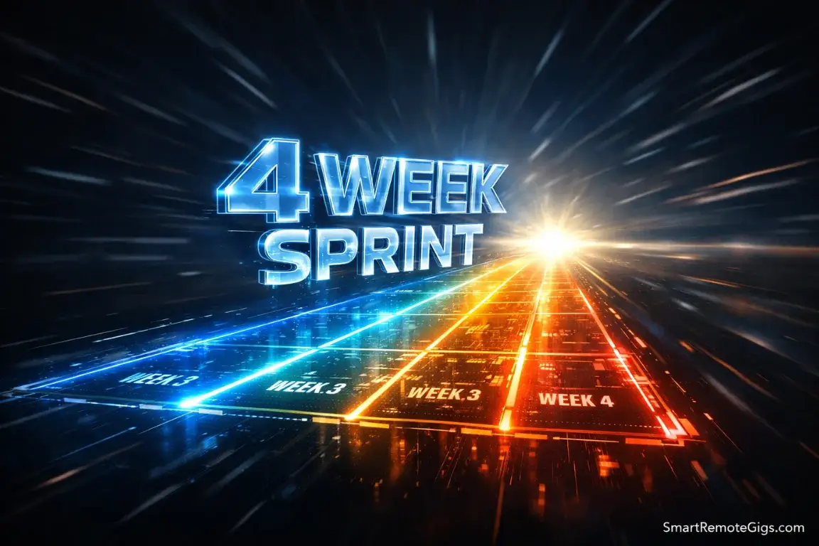 A futuristic digital timeline representing the 4-week sprint to landing a remote social media job.