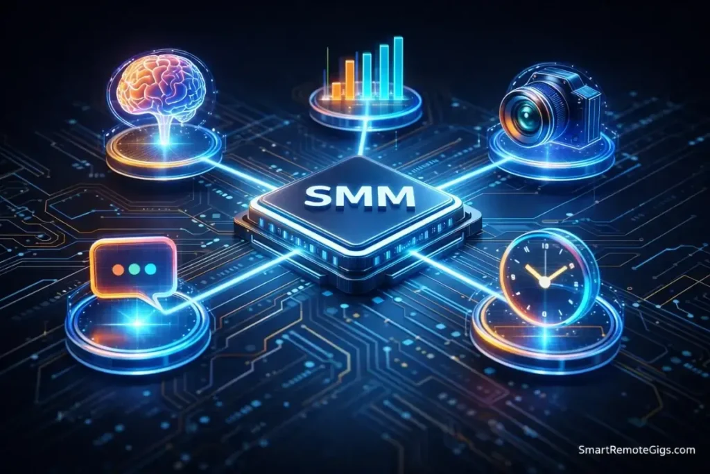 A 3D diagram showing the five core pillars of social media management: Strategy, Creation, Community, Analytics, and Admin.
