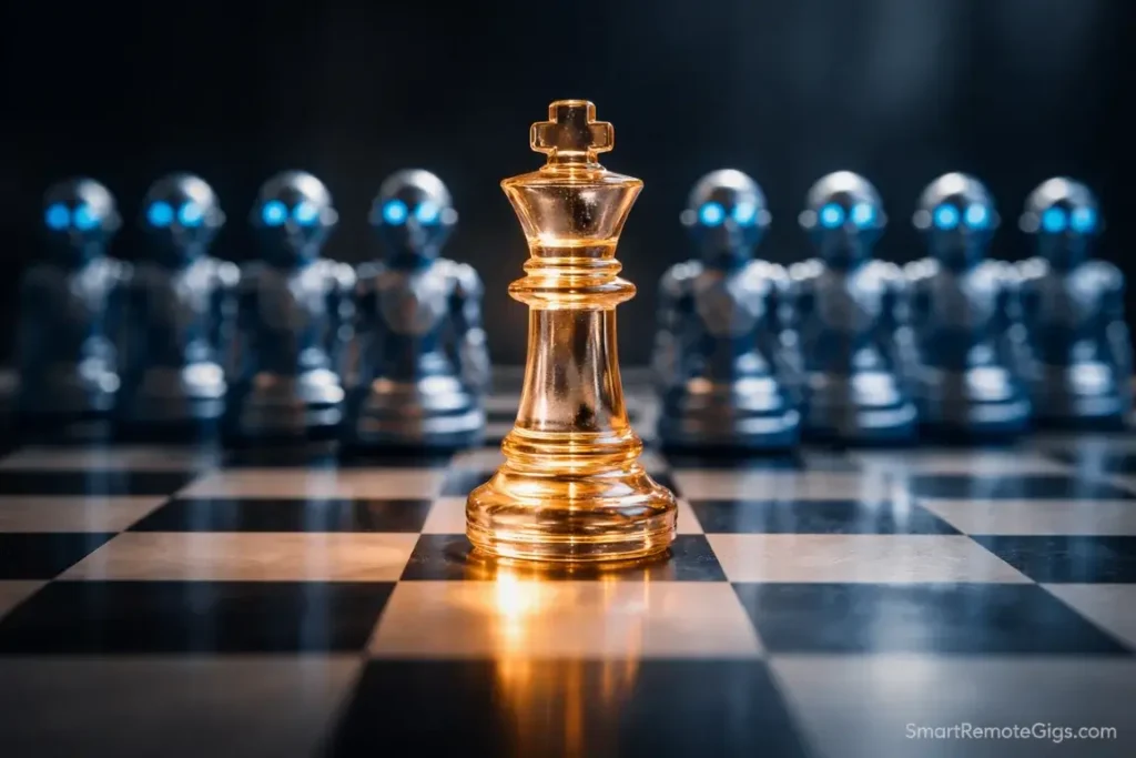 A glowing glass chess piece standing out against a background of robot pawns, symbolizing human strategy winning over AI automation.