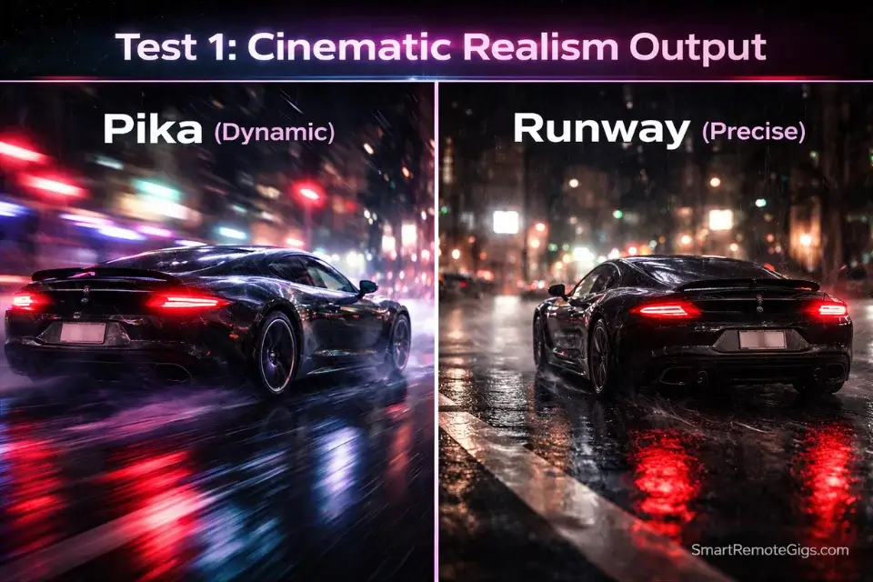 Cinematic AI generation of a sports car in the rain demonstrating Pika and Runway video quality differences.