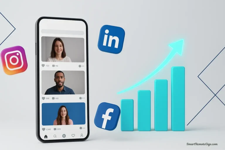 A hero image for an article on AI video generators for marketing, showing a smartphone with social media icons and a rising bar graph, symbolizing growth.