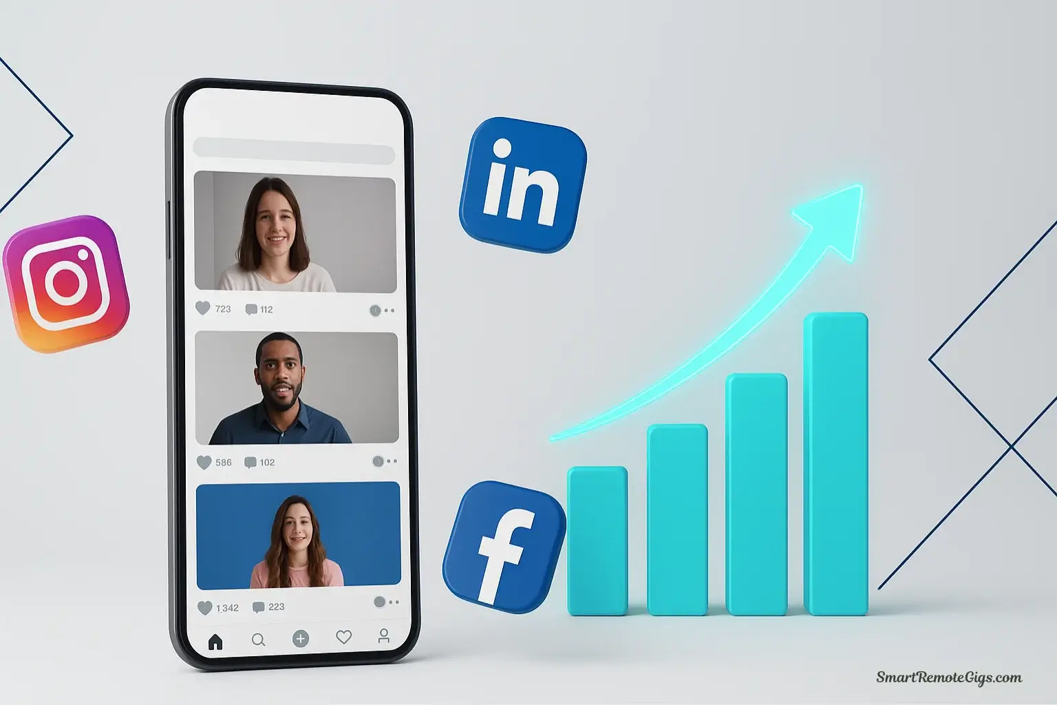 A hero image for an article on AI video generators for marketing, showing a smartphone with social media icons and a rising bar graph, symbolizing growth.