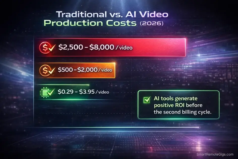 Bar chart comparing the high cost of traditional marketing agencies against the low cost of AI video generators like InVideo and HeyGen.