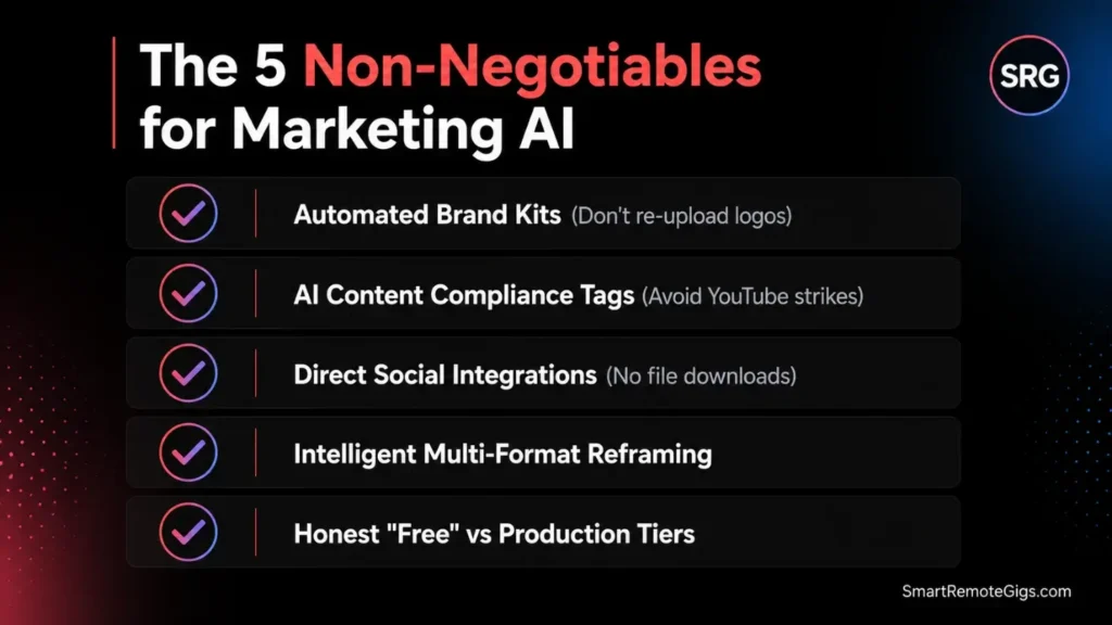 A checklist infographic detailing the 5 non-negotiable criteria for choosing AI video marketing tools in 2026, including brand kits and platform compliance.