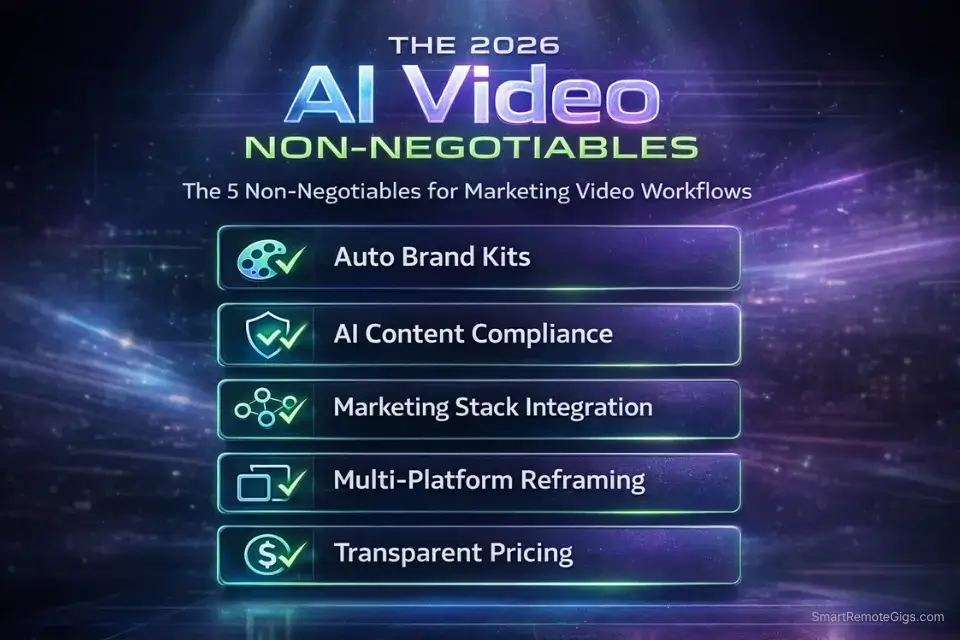 Infographic checklist showing the top five requirements for AI video tools, including brand kits, compliance, and multi-platform reframing.