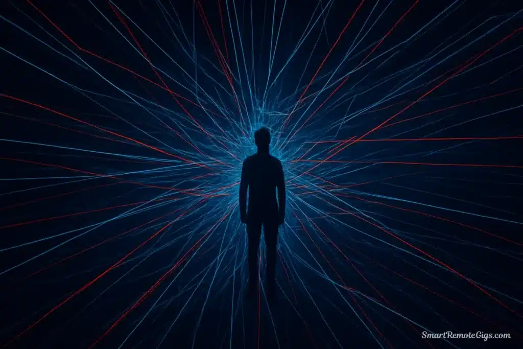 An abstract representation of the Attention Economy, with digital lines pulling at a person's focus, a core problem addressed in the book "Digital Minimalism".