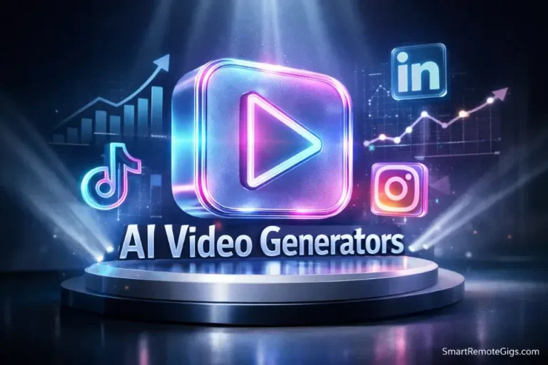 3D cinematic illustration of an AI video play button with marketing analytics, representing the best free AI video generators for marketing in 2026.