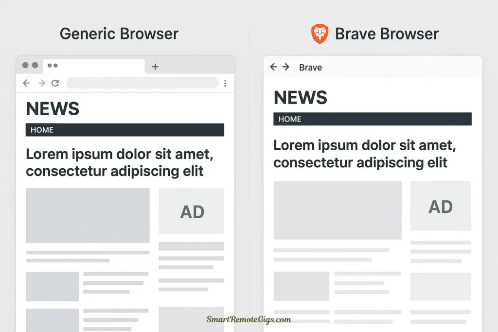 A comparison showing a website with and without ads, demonstrating the clean browsing experience of Brave Browser for digital minimalists.