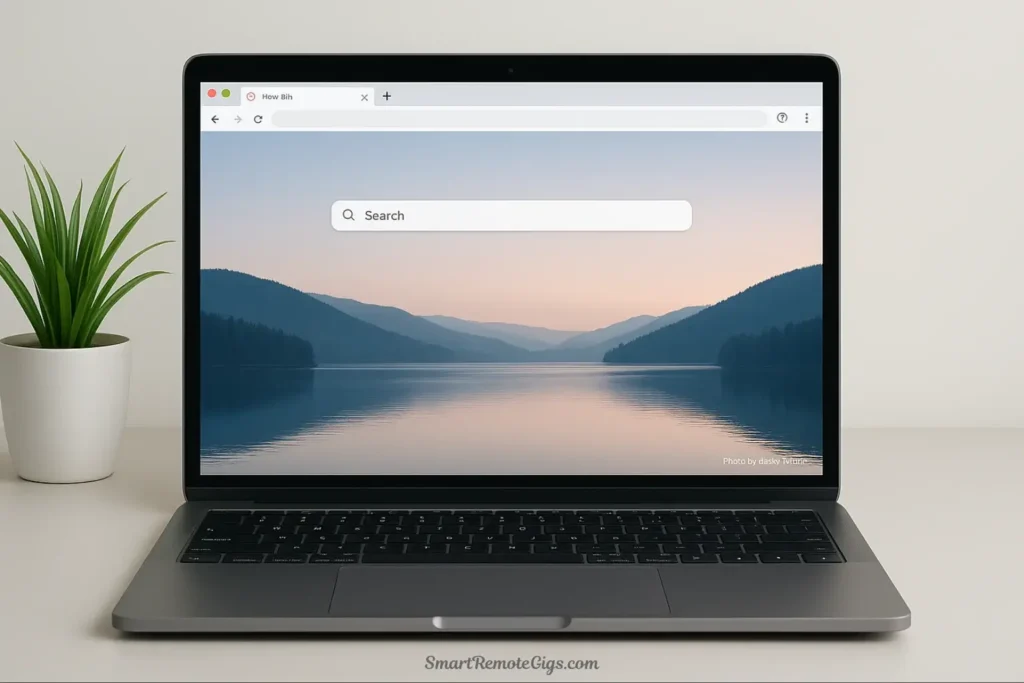 The Brave browser shown on a laptop in a calm, focused workspace, representing the ideal choice for digital minimalists.